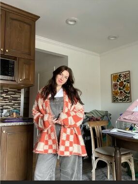 Chunky Orange and Cream Checker Knit Women's Sweater